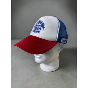 Vintage Pabst Blue Ribbon PBR Beer Trucker Hat Snapback Mesh Back Red White Blue